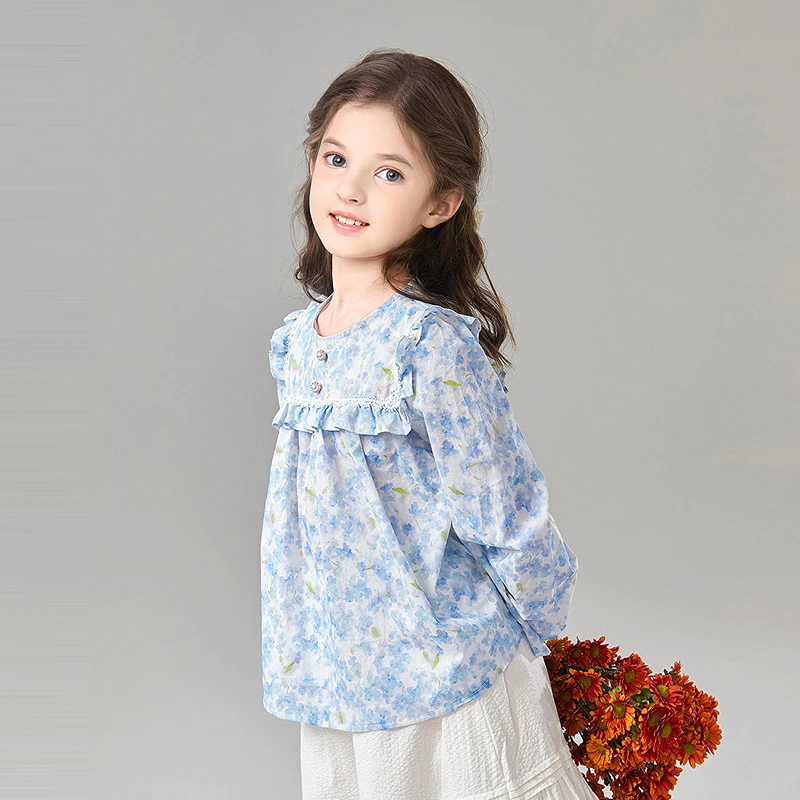 笛莎童装【珍珠扣荷叶边衬衫】25年中大童儿童纯棉上衣女童秋季