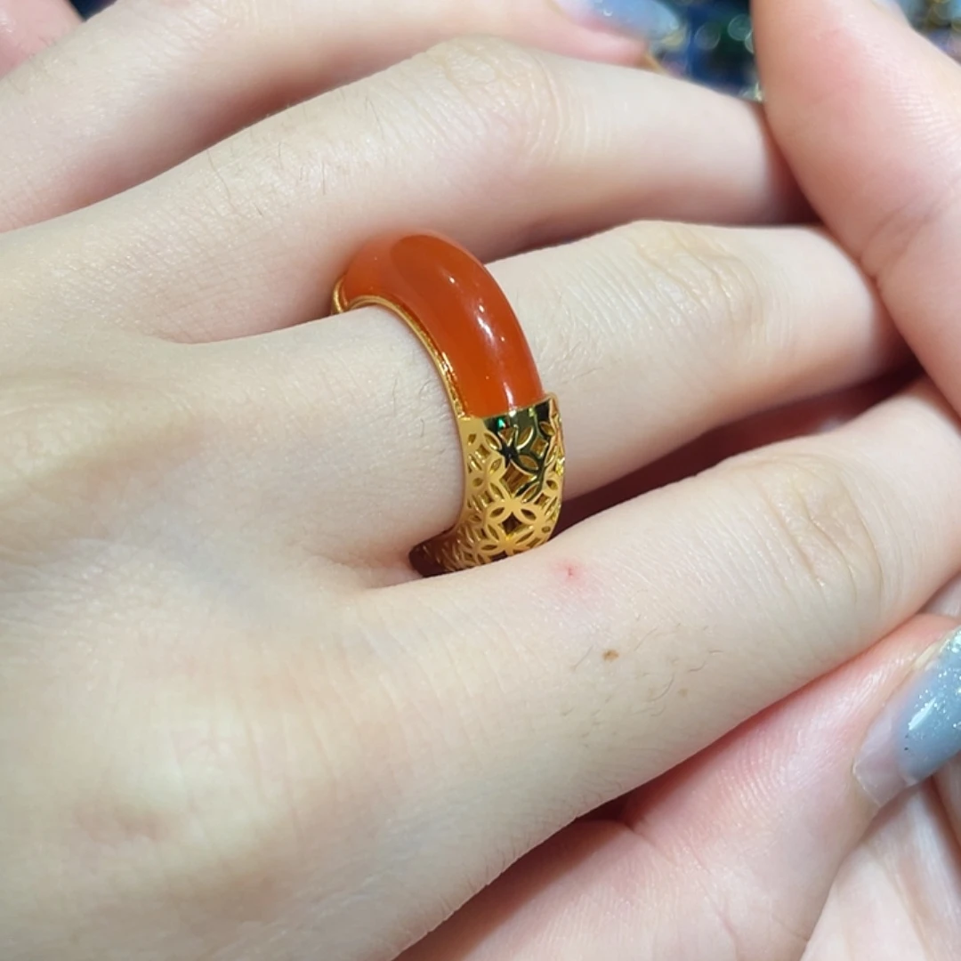 玛瑙/玉髓银S925镀金镶嵌戒指