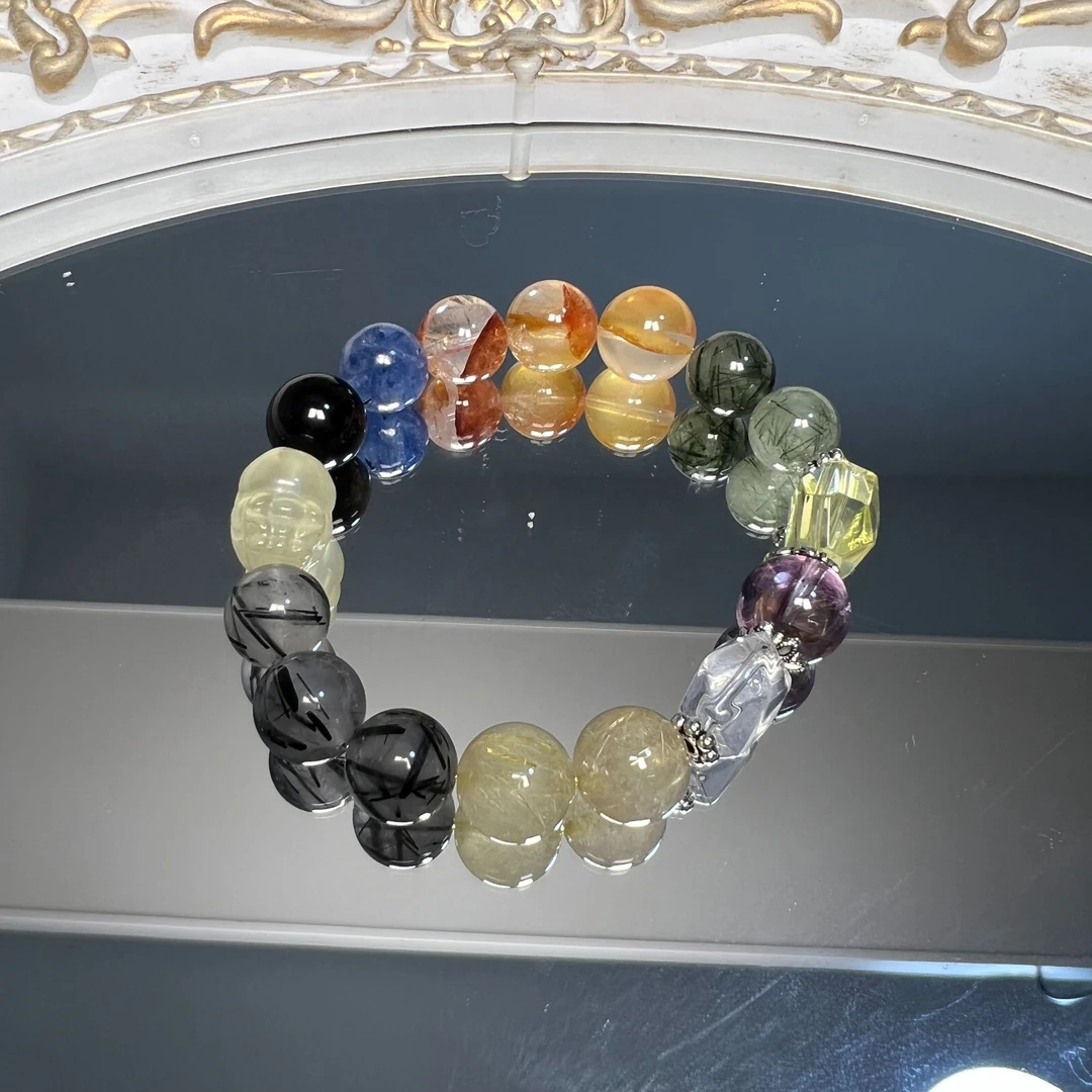 A282天然黑发+绿发+金发+胶花+貔貅水晶手串手链