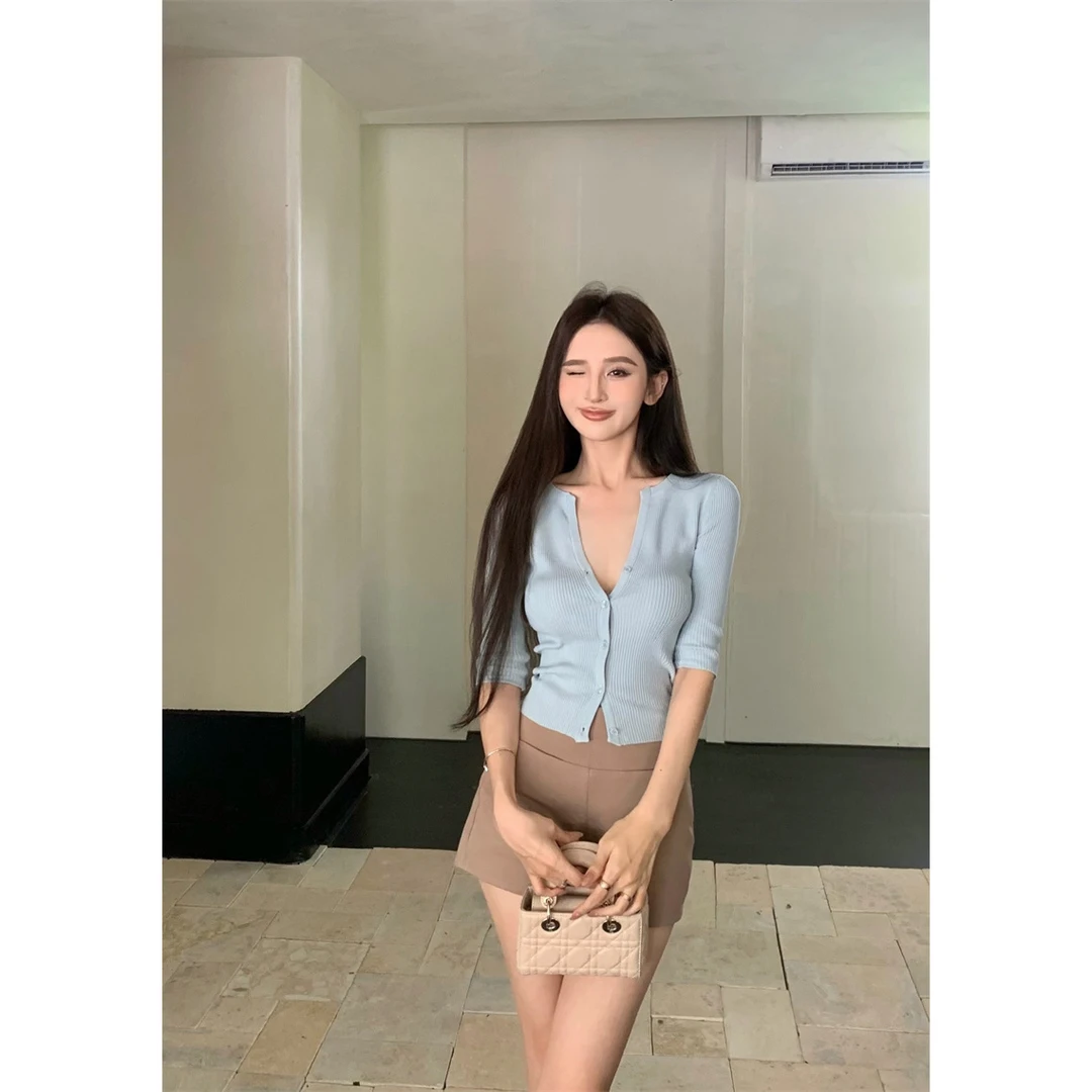 黑色气质短袖正肩针织开衫女夏季修身显瘦设计感短款辣妹百搭上衣