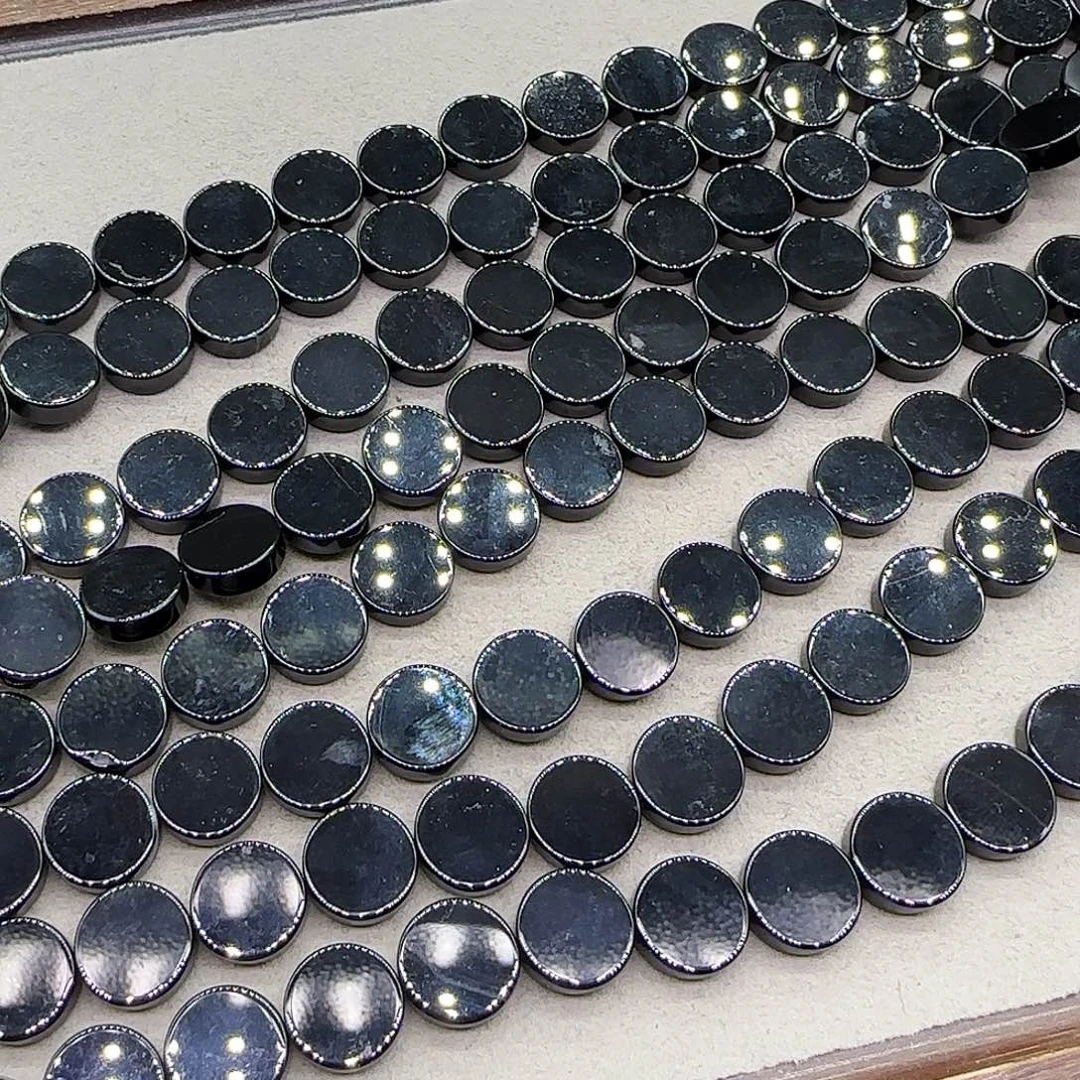 玛瑙/玉髓合金珠宝半成品黑玛瑙圆饼12mm一条