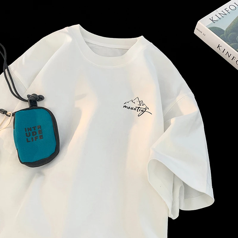 Vancico白墨印花重磅纯棉港风男美式大版宽松落肩短袖T恤潮流ins