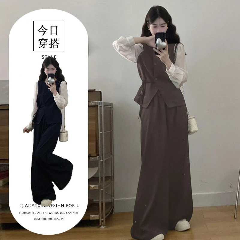 大码高级感秋季套装女2025新款微胖遮肉显瘦马甲阔腿裤早秋两件套
