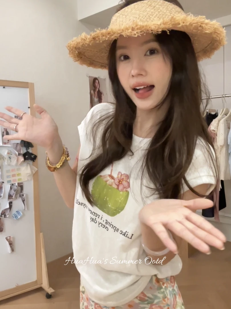 【花花】椰子T~韩代款麻感棉椰子印花后背挖洞简约宽松百搭T恤