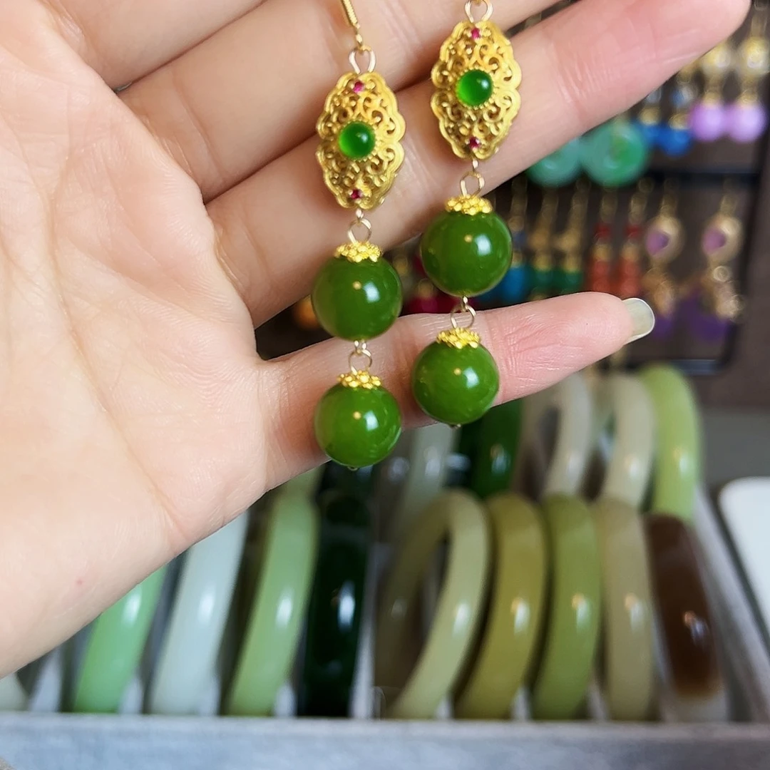 银S925镶嵌翡翠耳饰古风