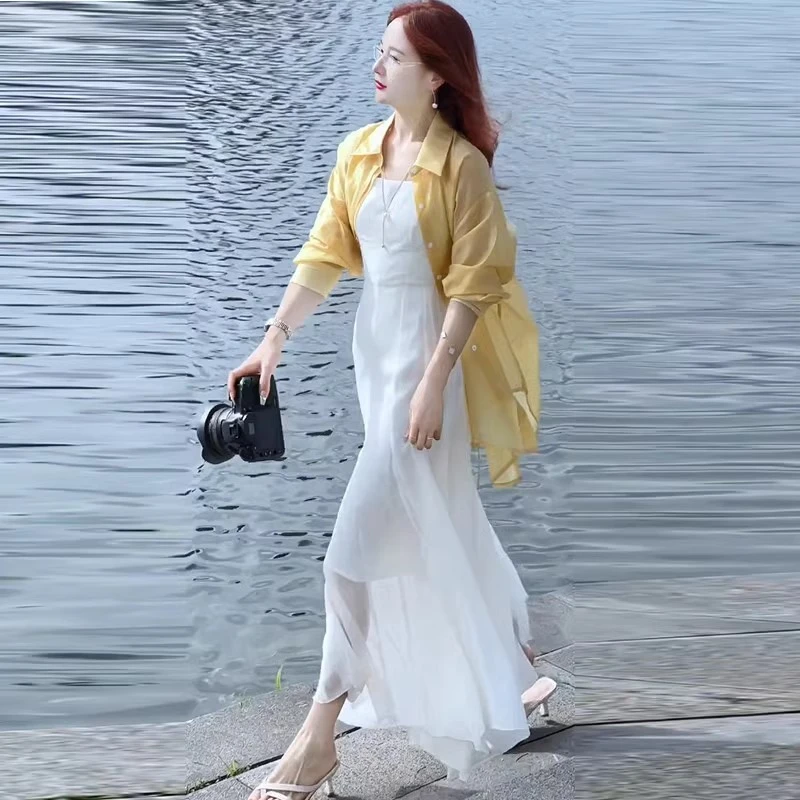 拉夏贝尔时尚连衣裙女夏季新款洋气质显瘦衬衫吊带裙纱裙两件套裙