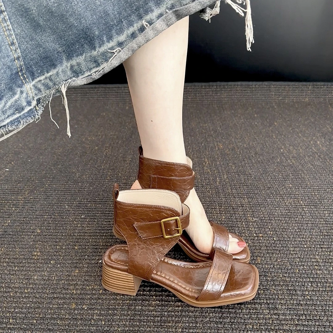 【ZHZG】方头低帮露趾时装凉鞋镂空皮凉鞋百搭春日慢人风