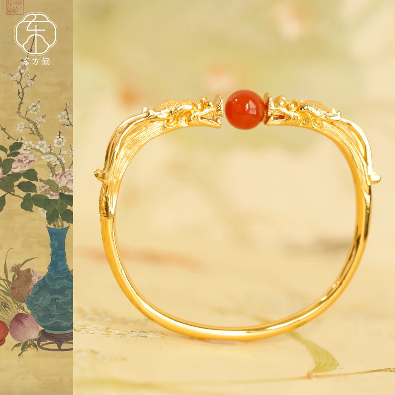 东方俪DOFUNLY【龙戏珠】南红S925银手镯设计款镶嵌NHSZ空谷