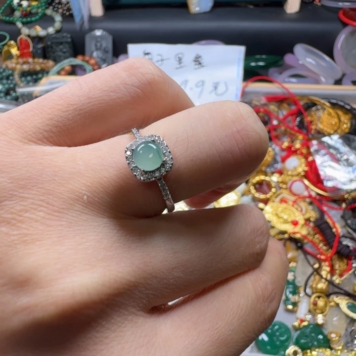 嘟***嘉翡翠合金戒指纯天然翡翠A货方糖蛋面戒指