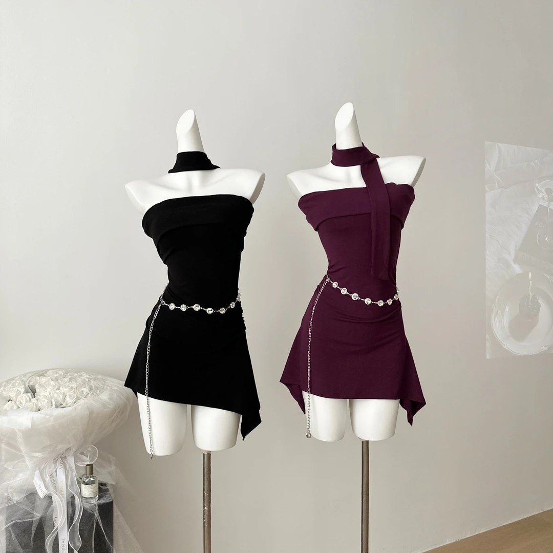 吊带裙2025夏季辣妹名媛一字肩不规则纯欲气质配腰链包臀设计感女