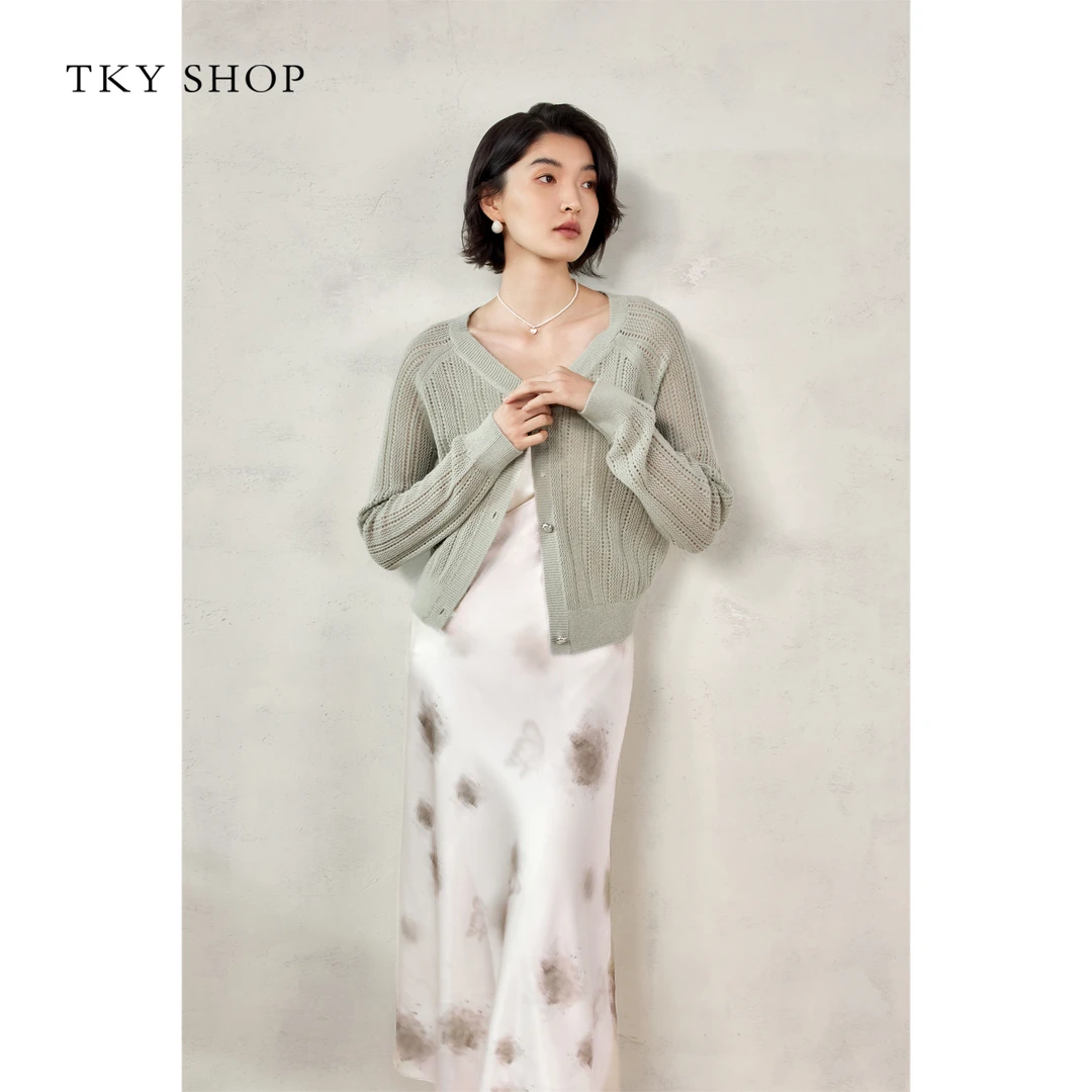 TKYSHOP春秋季镂空V领针织开衫上衣短款外搭显瘦优雅10H1LA06C069