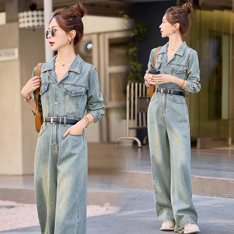 2025早春新款高级感收腰显瘦阔腿连衣裤休闲时尚复古牛仔连体裤女