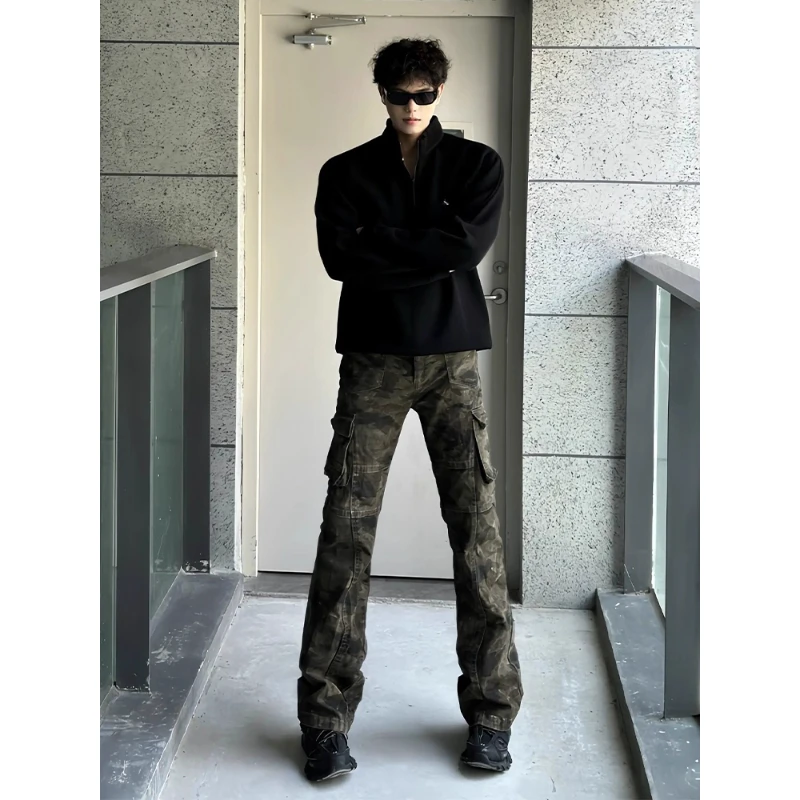 美式迷彩微喇牛仔裤男款潮牌伐木工装裤子cleanfit直筒修身弯刀裤