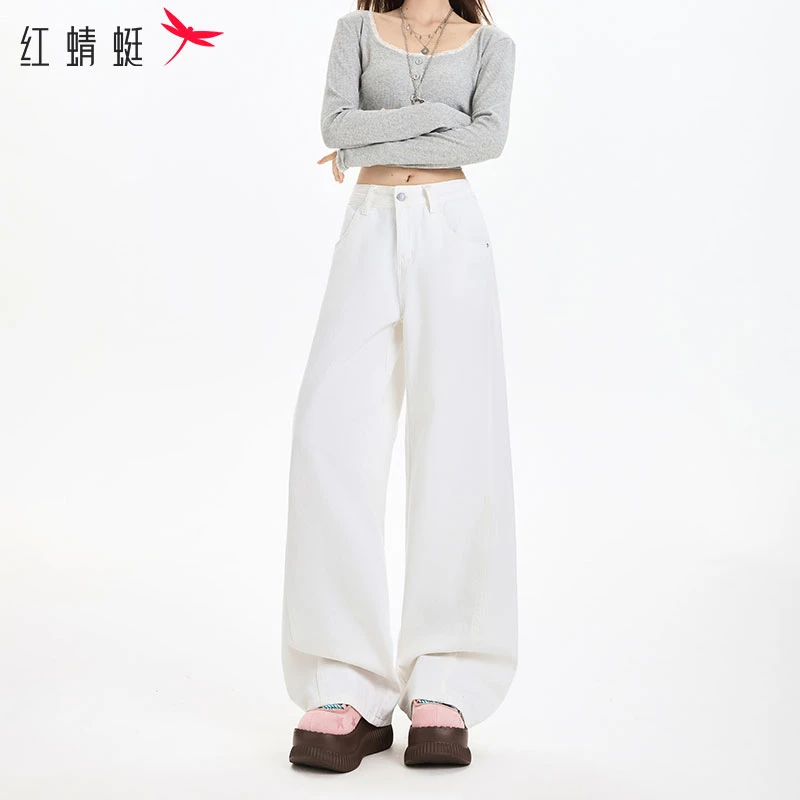 红蜻蜓秋季纯棉白色舒适阔腿显瘦显高休闲牛仔裤