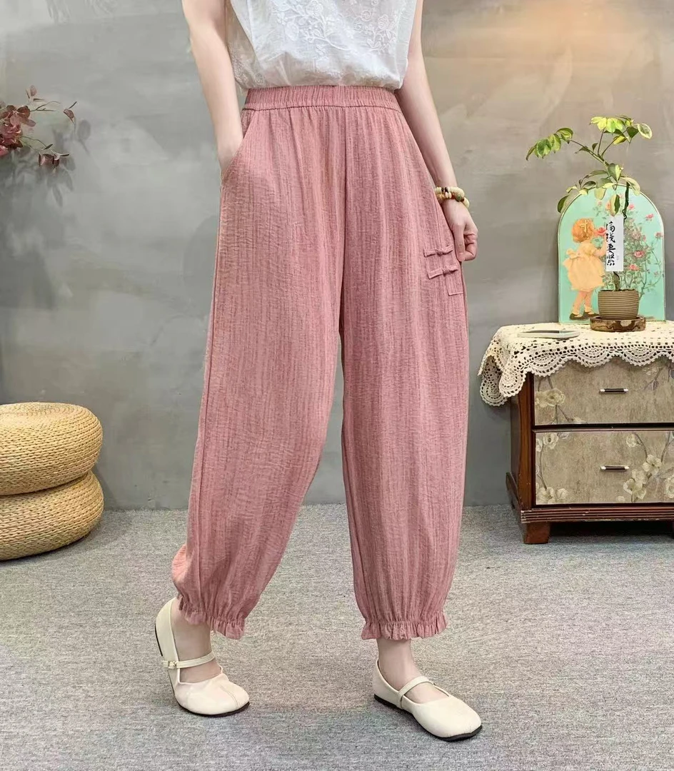 恒鑫安舒适百搭束脚盘扣花苞裤