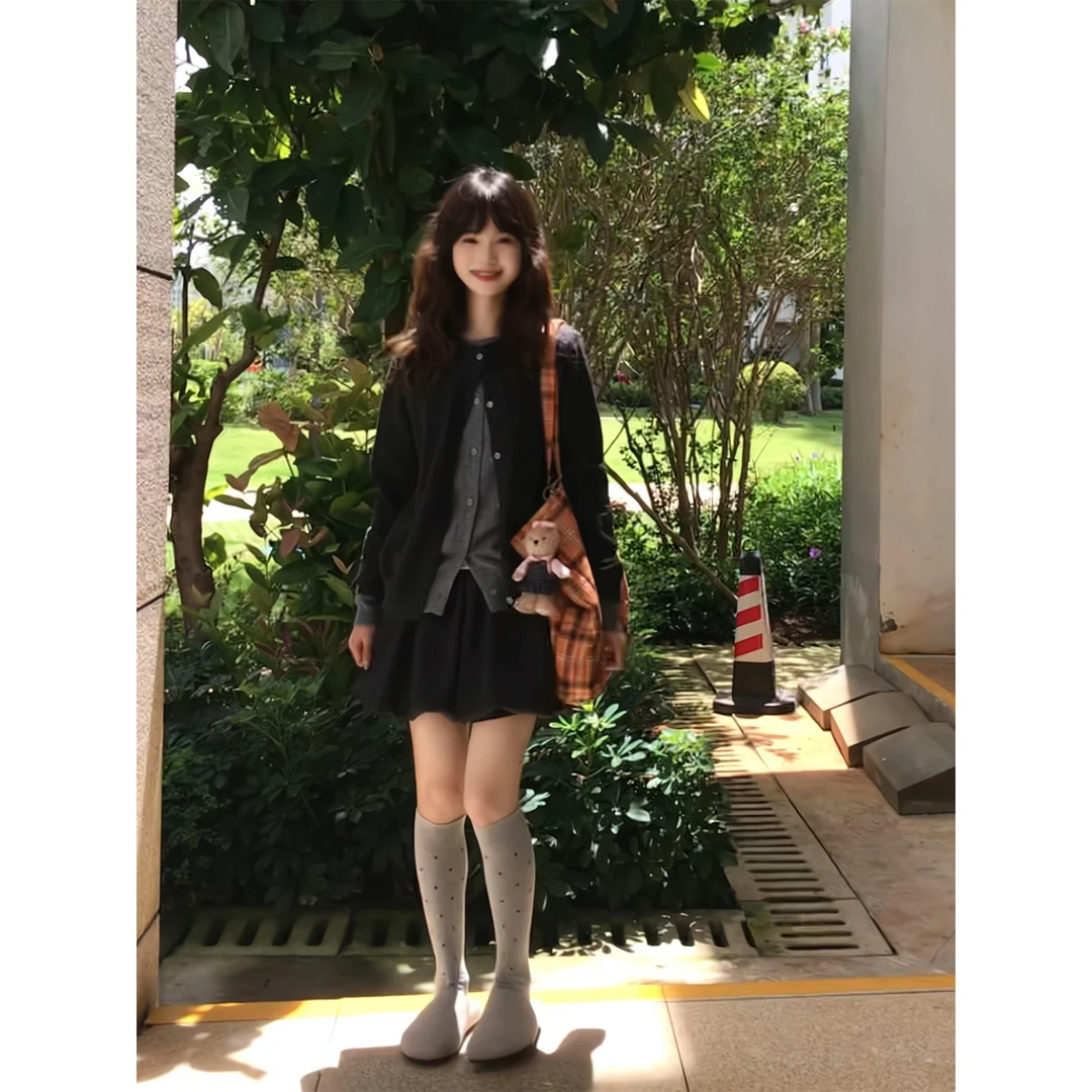 秋季新款针织开衫韩系穿搭巨好看短款软糯长袖毛衣外套半身裙短裙