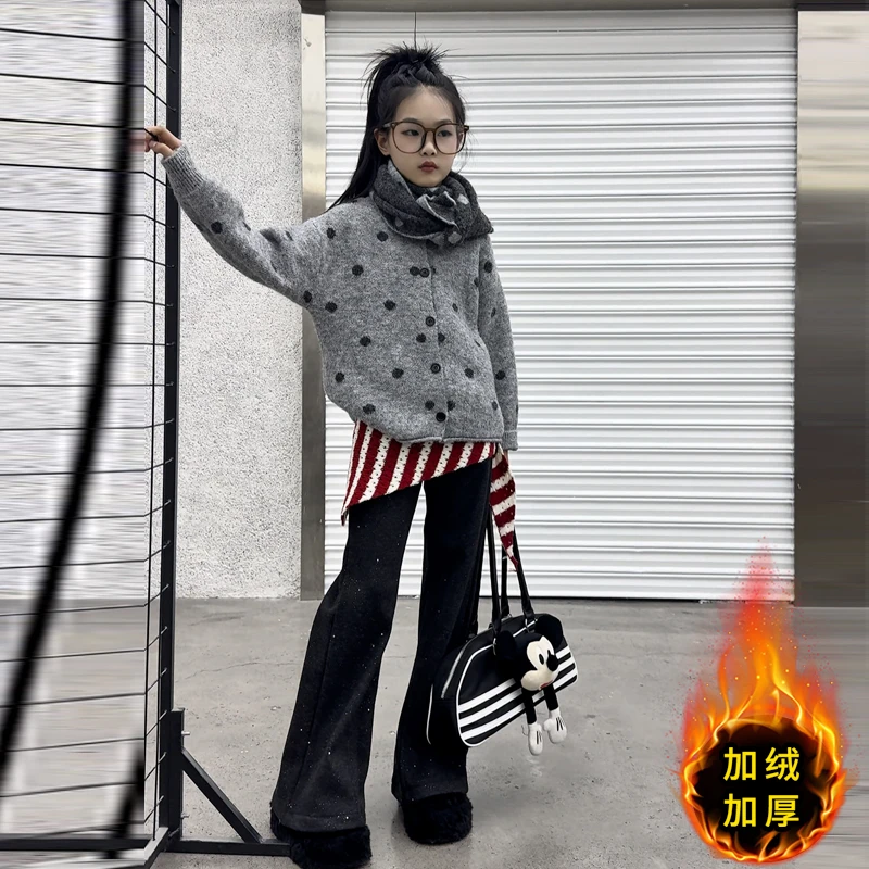 【毛妈潮牌】女童韩版波点毛衣喇叭裤套装2025冬季中大童时髦两件套