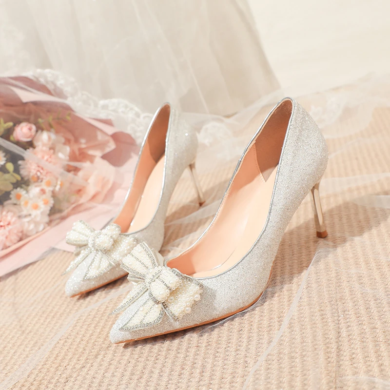 高跟鞋婚鞋新娘鞋白色秀禾两穿蝴蝶结秋季单鞋不累脚性感磨砂鞋面