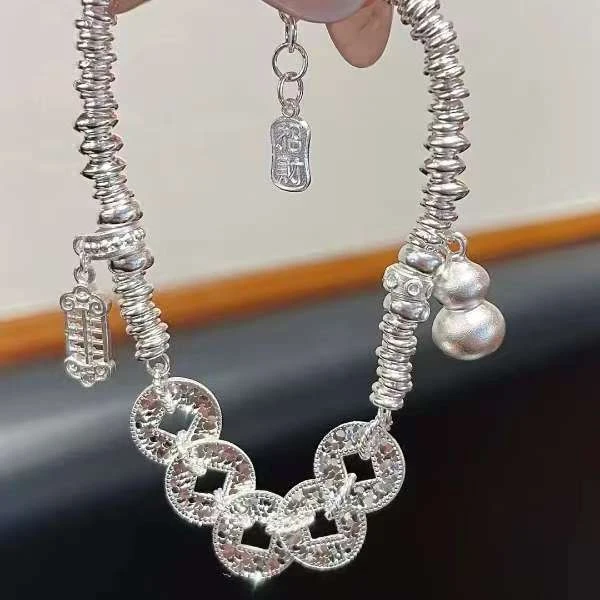 999.9银碎冰冰五帝钱盘缠手链女葫芦手链新中式