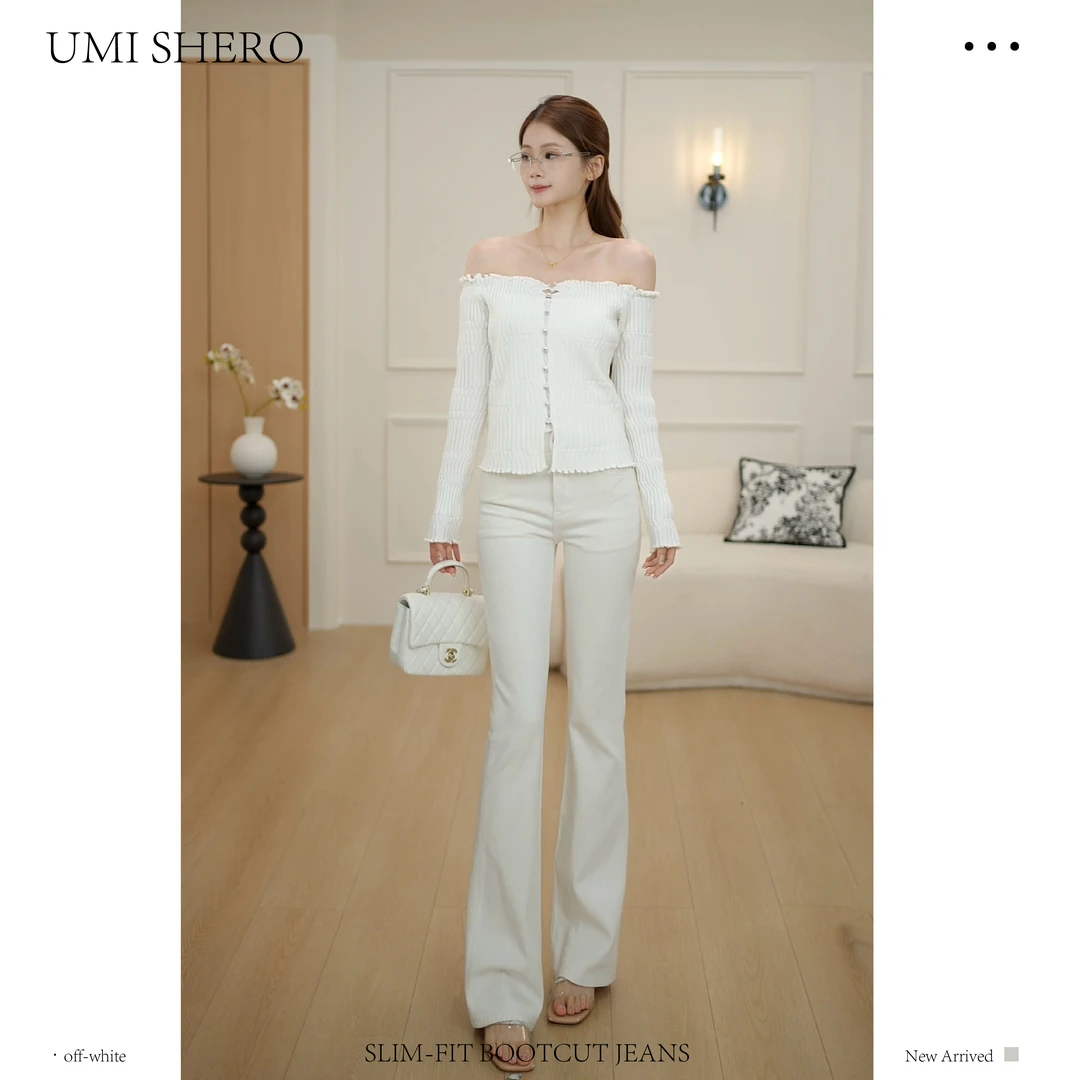 【UMI SHERO】白色秋冬新款高弹高腰修身喇叭牛仔裤女款2025爆款