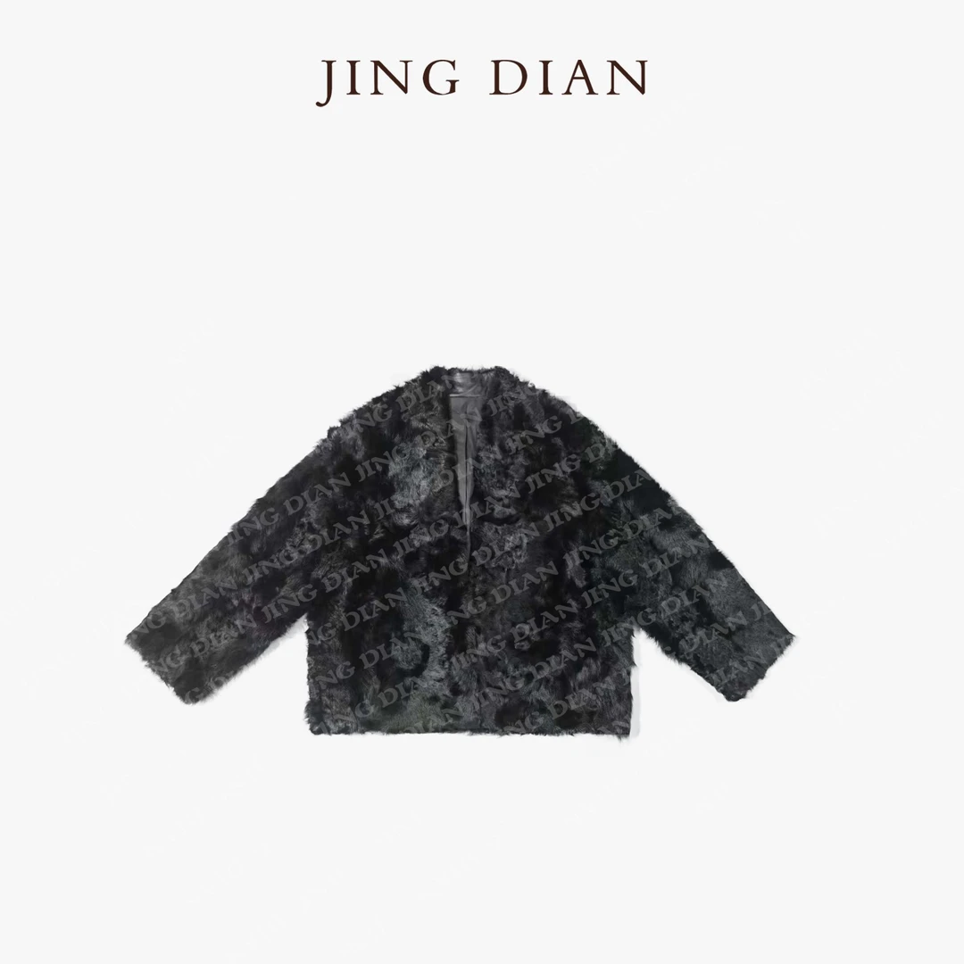 【JING DIAN】定制款黑色V领小湖羊皮草外套