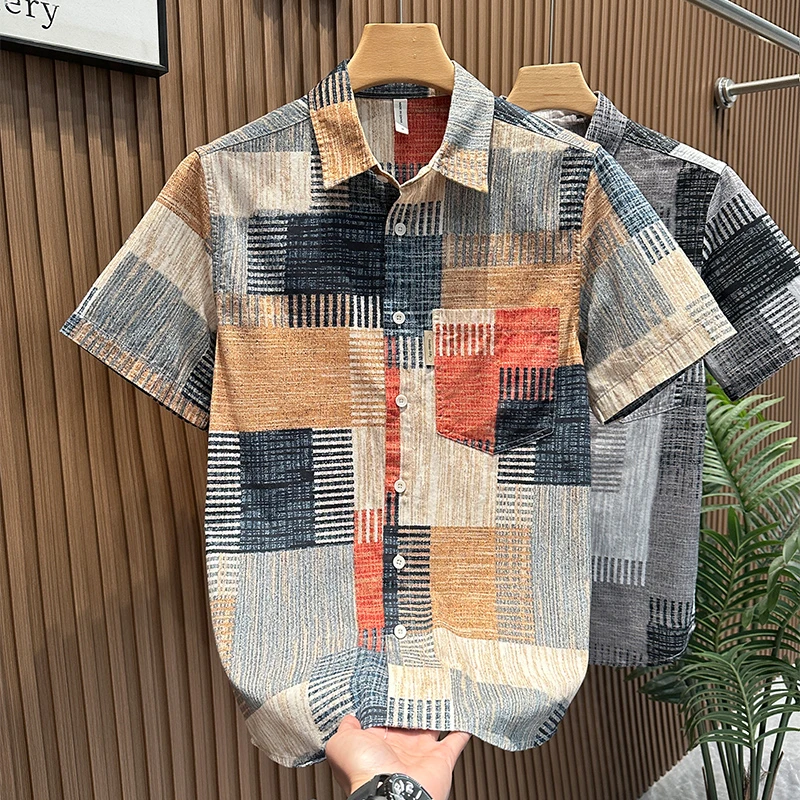 轻奢潮牌拼接撞色夏季短袖衬衫男士新款时尚青年百搭休闲宽松衬衣
