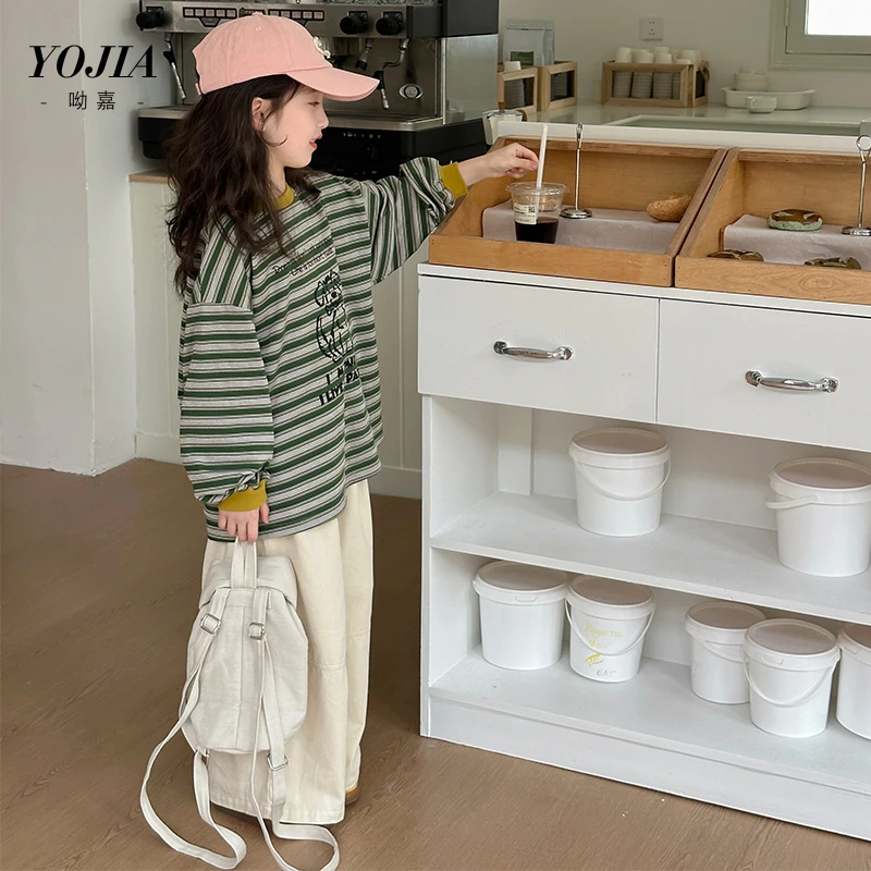 YOJIA女童条纹T恤春款2025新款韩版休闲圆领童装儿童长袖上衣春装