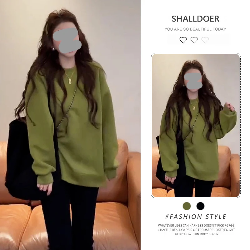 韩系慵懒风绿色长袖卫衣女2025年春秋新款宽松显瘦百搭打底衫上衣