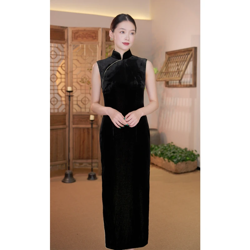 【墨缘】良辰媄锦桑蚕丝丝绒半开襟带里衬中长款旗袍长约130CM