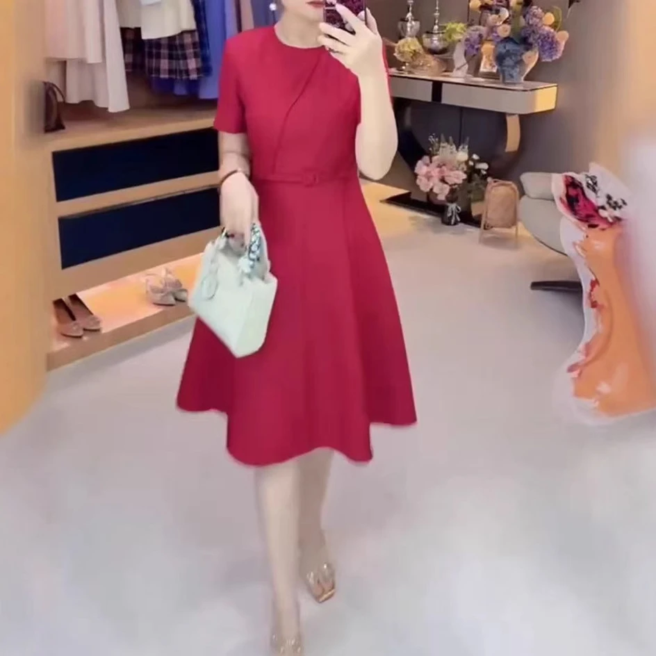 夏季新款时尚高端小个子收腰中长款连衣裙女款女装气质红色裙子女