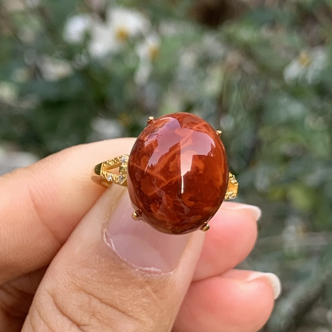 典藏级 南红瓦西牛血红火焰纹女戒 纹路妖娆 颜色红 16*13.5*11