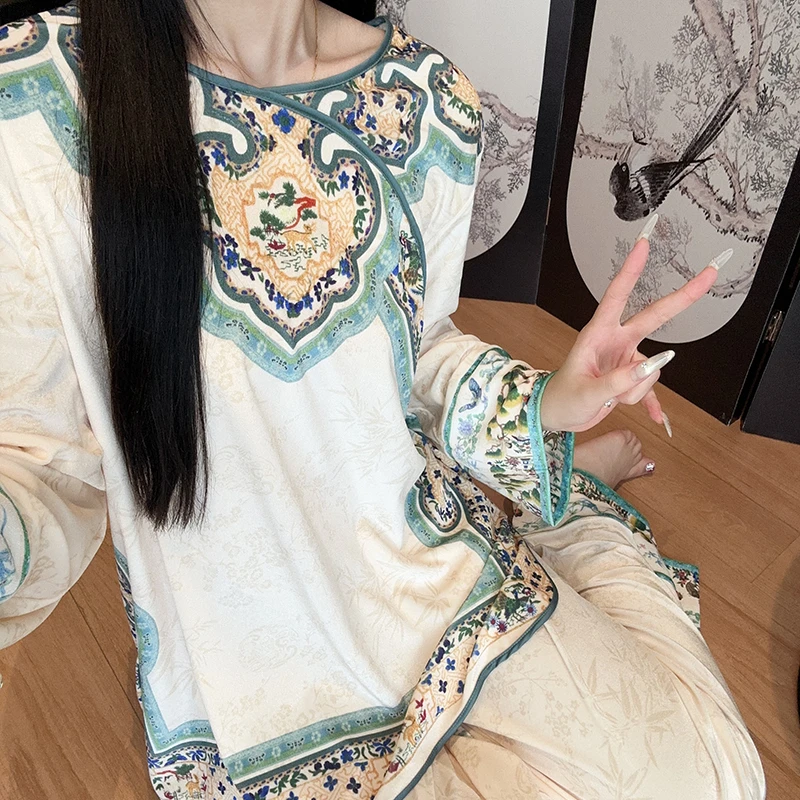 丝绒春秋清汉女宫廷风格格睡衣女新中式古装民族风长袖家居服冬款
