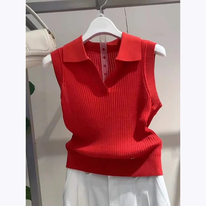 五一出游穿搭女装Polo领无袖针织背心女2025新款夏漂亮设计感上衣