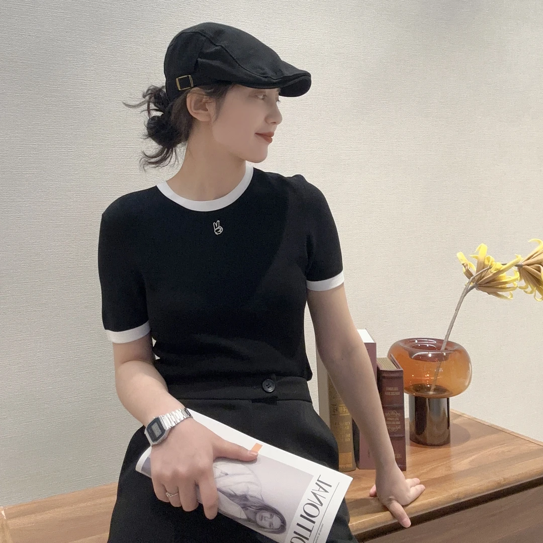 GIRDEAR/哥弟撞色拼接短袖T恤修身显瘦百搭上衣 138012