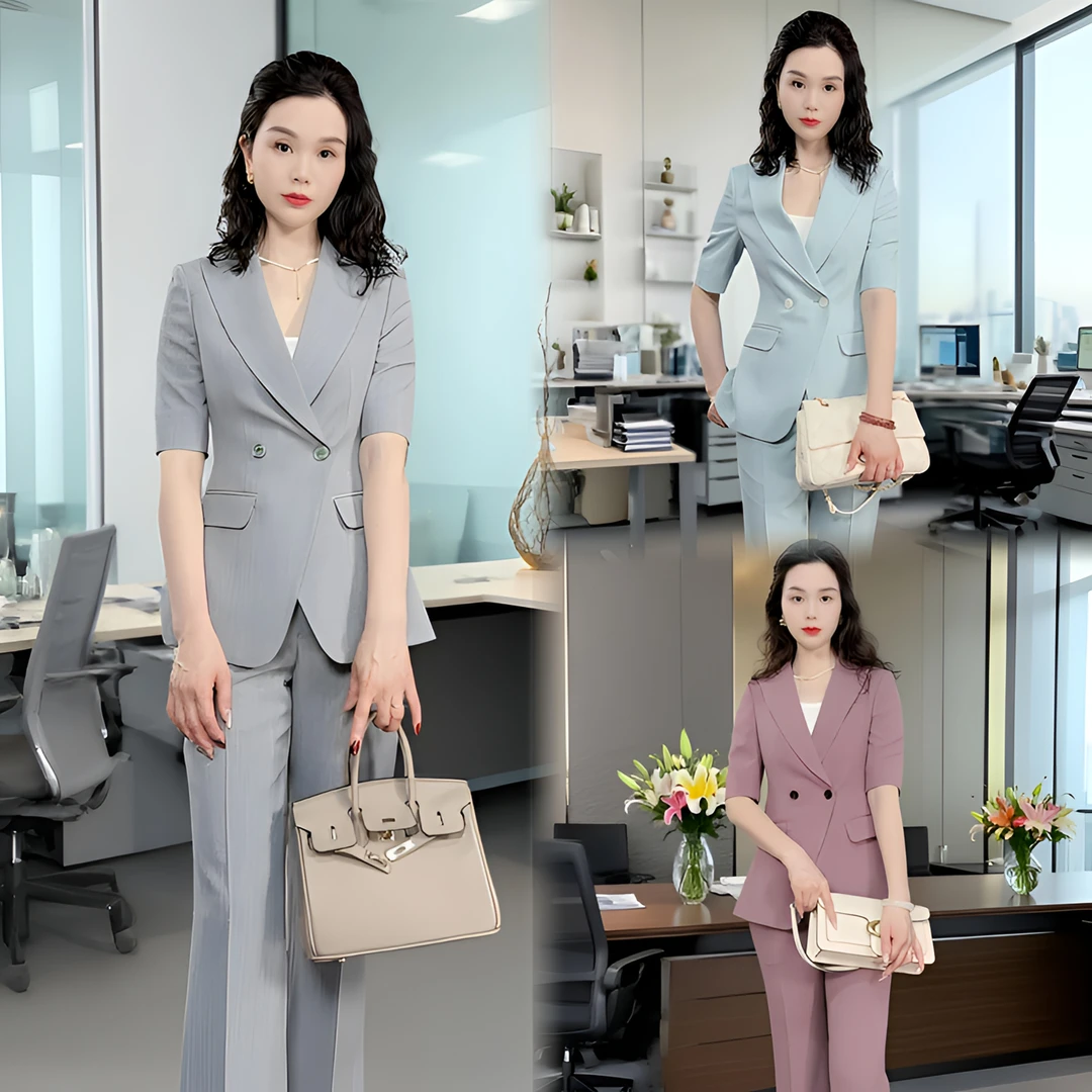【7色网红款】2025灰色西装短袖双排薄款女总裁时尚干练职场套装