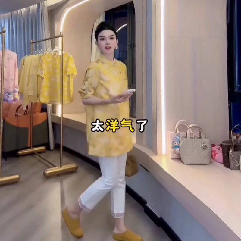 中国风通勤时尚连衣裙显瘦洋气上衣女装立领改良旗袍蝴蝶黄熊猫粉