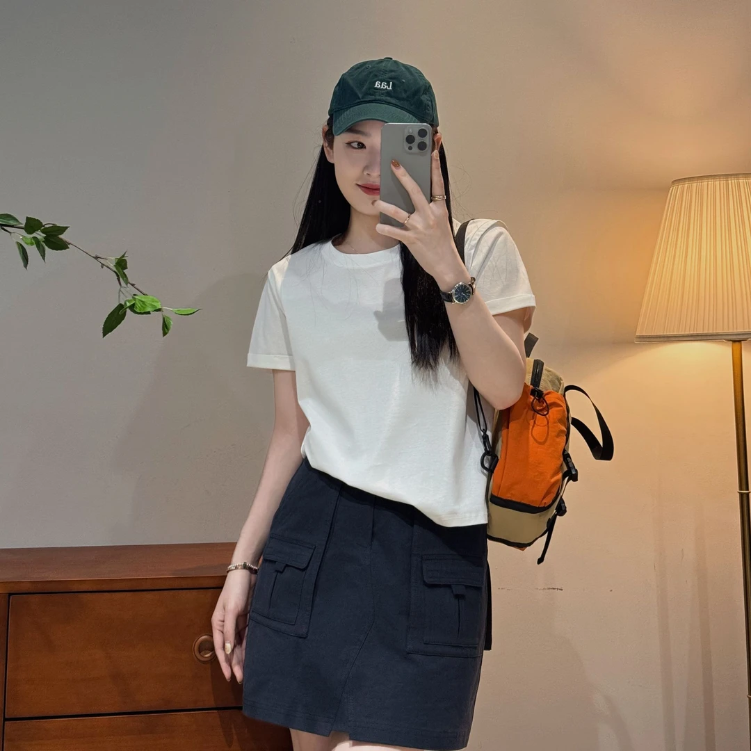 韩系休闲百搭气质舒适简约纯色圆领设计师风格T恤-M25201376