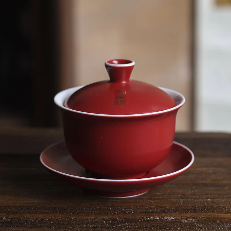 当代 江祖清 红龙鱼三才盖碗（X9256）