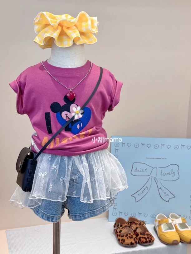现货女童夏装短袖蕾丝吊带牛仔短裤女宝洋气T恤套装中小童两件套