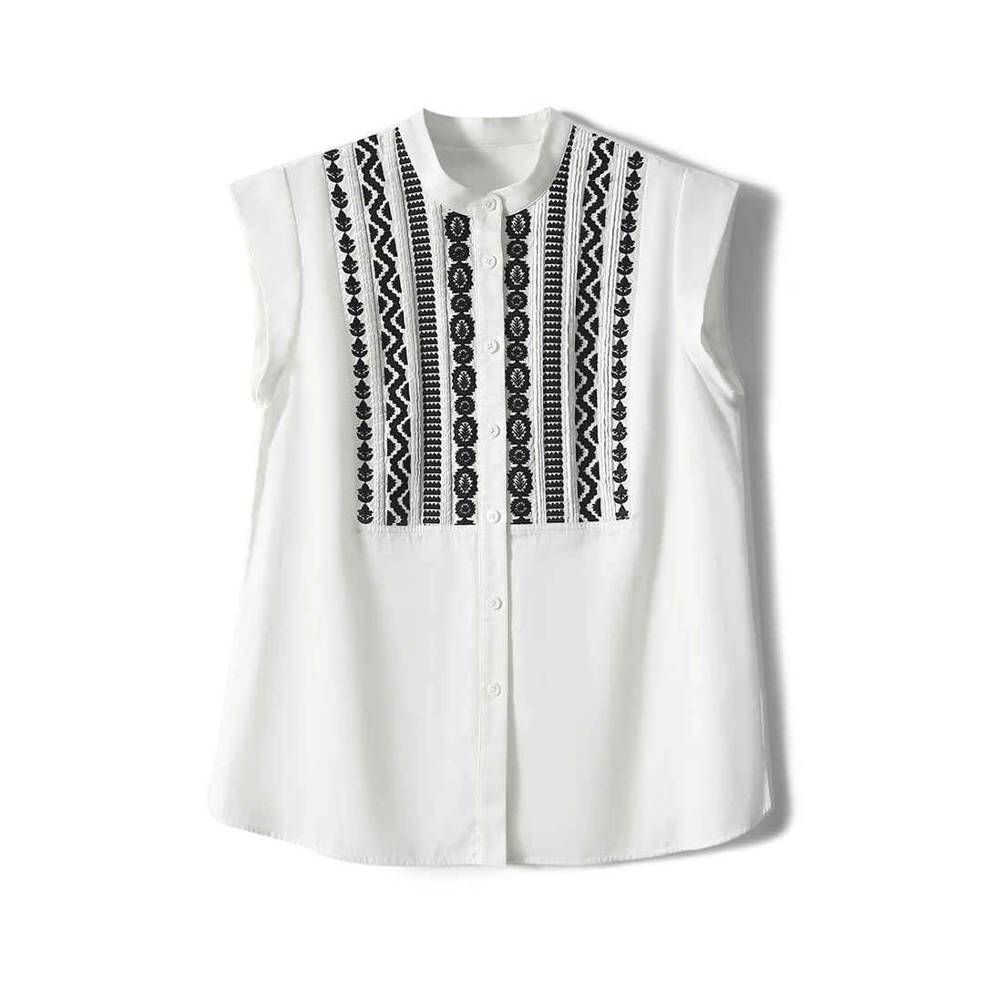 SEPT CHIC 夏季新品 法式刺绣衬衫显瘦小立领全棉衬衣S81549CYBMG