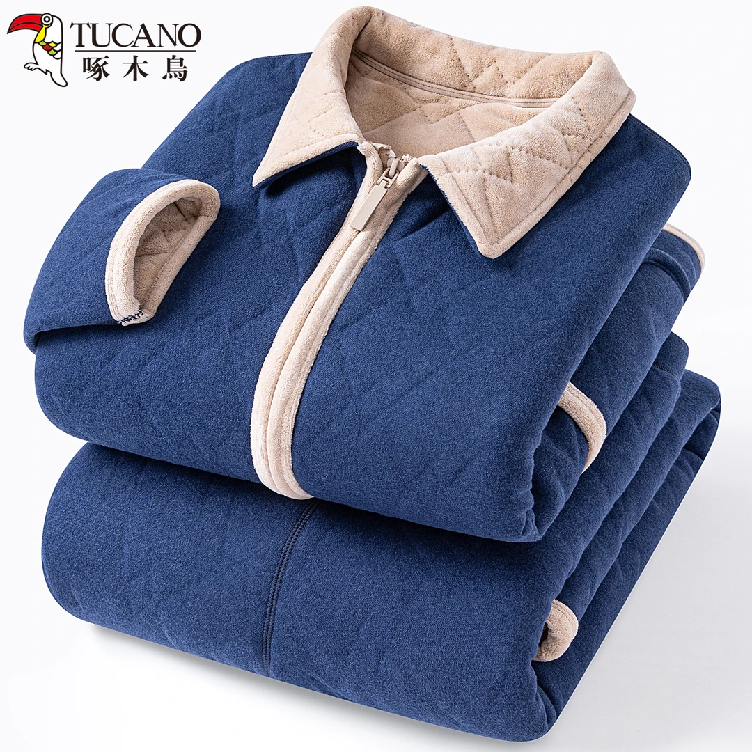 啄木鸟男士睡衣家居服冬季新款珊瑚绒加绒加厚可外穿保暖拉链套装