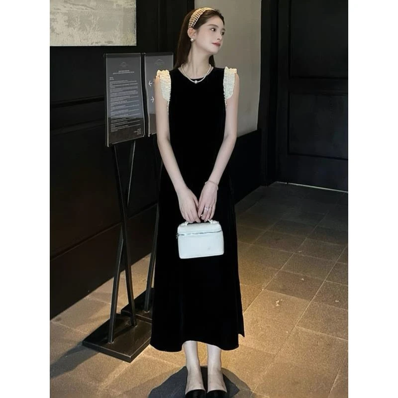 网红爆款小飞袖连衣裙女撞色2025新款赫本风气质休闲无袖背心长裙