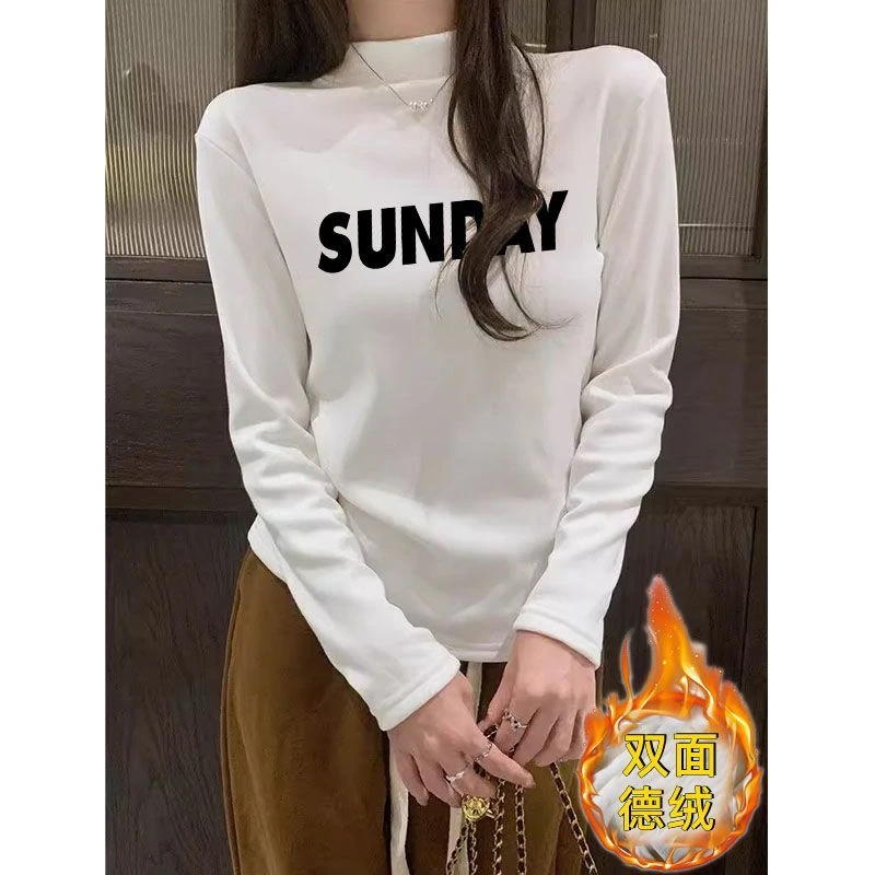 德绒半高领打底衫女内搭修身显瘦t恤秋冬新款加绒加厚长袖上衣ins