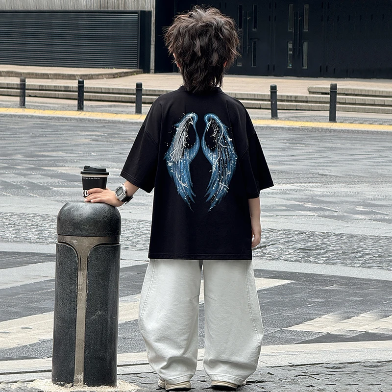 中班仔童装男童夏季套装凉感短袖T恤薄款牛仔长裤两件套潮*ZH2537