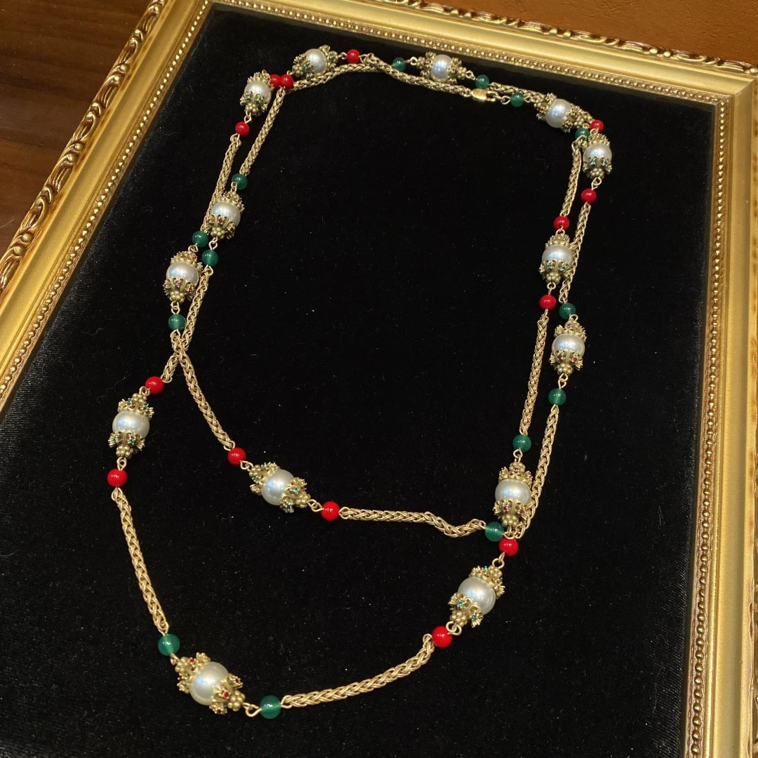 铜合金仿珍珠项链 新中式中古铜镀18做旧复古金色琉璃珠红绿脑