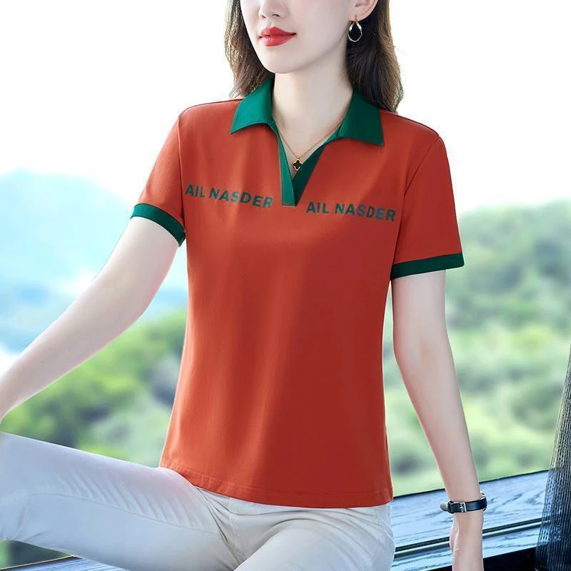 805桔色妈妈翻领短袖t恤女夏季2023新款polo中年休闲上衣大码