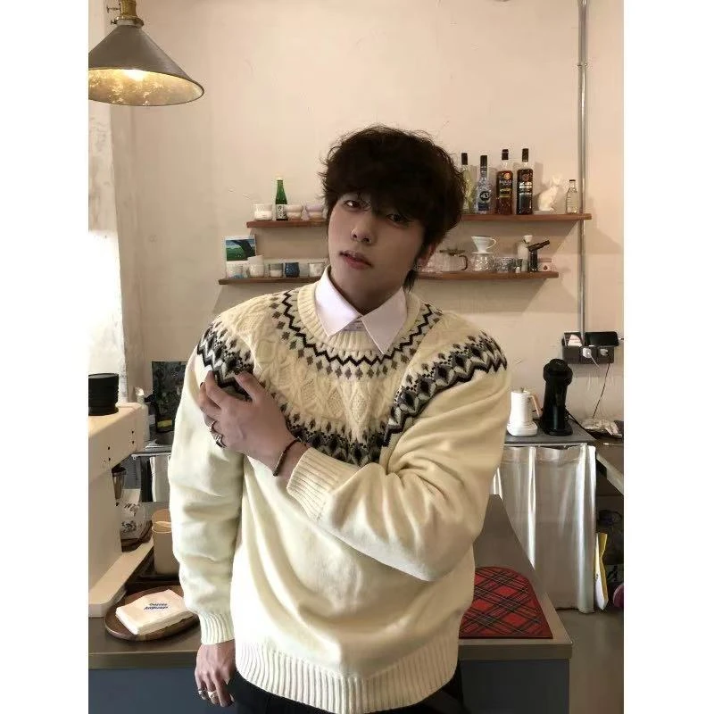 miu系费尔岛针织毛衣男女秋冬季慵懒风宽松潮流百搭圆领菱形衣服