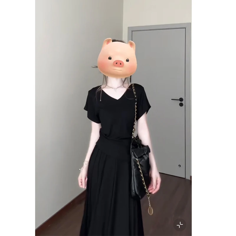 大码【时髦主义】夏季法式V领短袖上衣高腰垂感大摆半身裙两件套裙