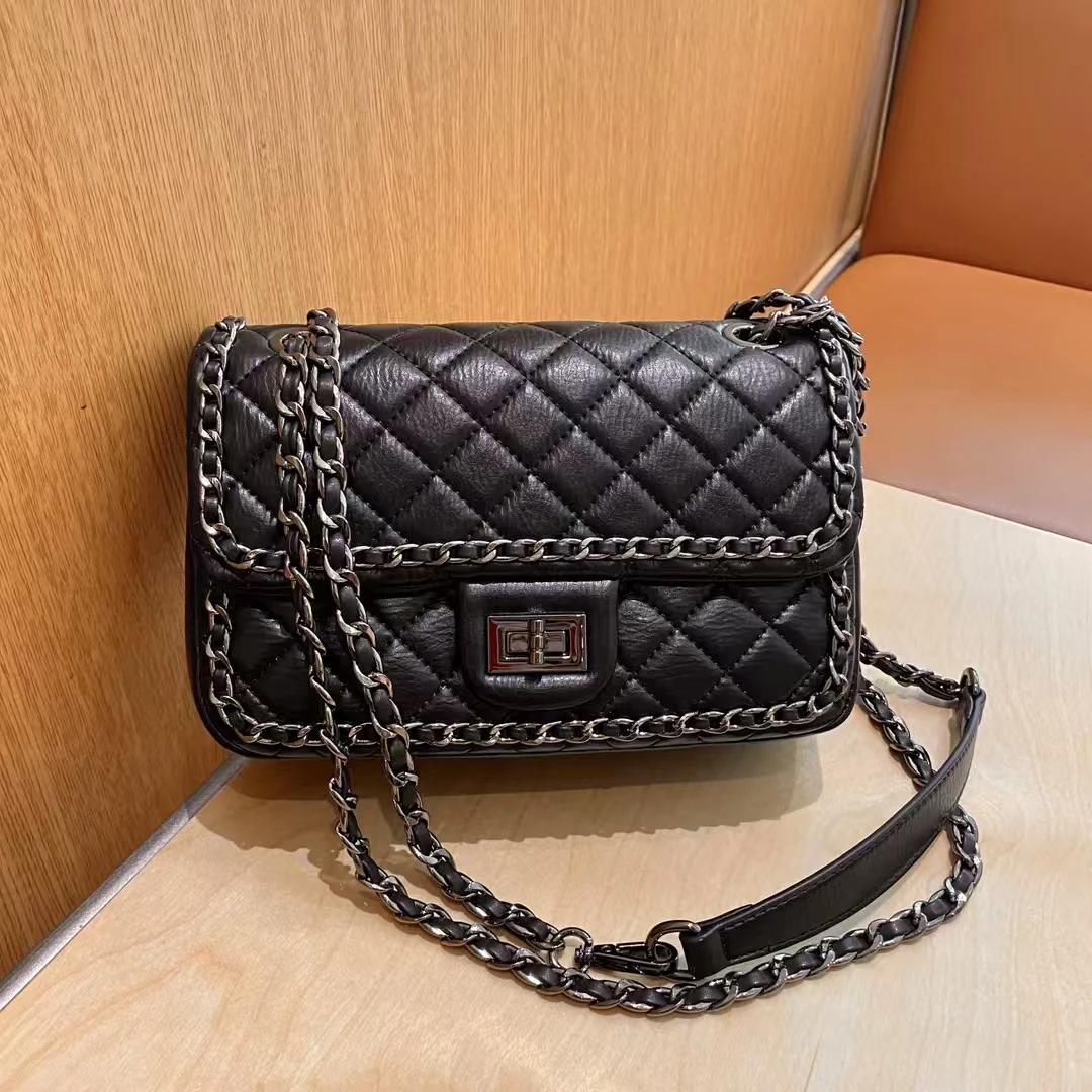 真皮女包小香风菱格链条包新款时尚百搭单肩腋下包高级感斜挎包包