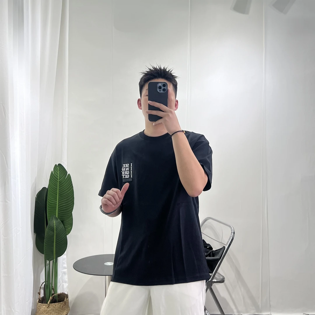 2805 几何线夏季新款男简约字母印花圆领短袖T恤韩版弹力修身薄款